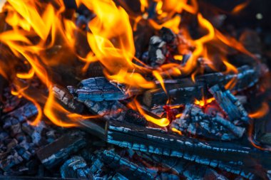 Kömür oluşturmak için odun parçaları yakmak. Barbekü hazırlığı, pişirmeden önce ateş..