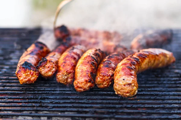 Sausages Grilled Charcoal Barbeque Top View Tasty Barbecue Food Concept — Stock Photo, Image