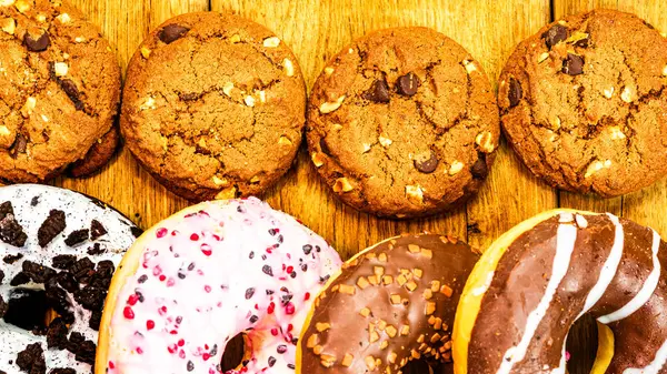 Kleurrijke Donuts Houten Tafel Zoet Poedersuiker Met Geglazuurde Hagelslag Donut — Stockfoto