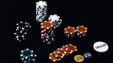 Yüksek bahisli kumarhane oyunları için bir yığın poker fişi.