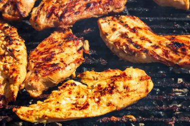 Kömür mangalında ızgara tavuk ve domuz eti. Kamp manzarası, lezzetli barbekü, yemek konsepti, ızgaradaki yemek ve ızgaradaki yemeğin ayrıntıları.