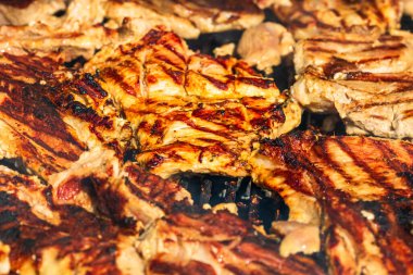 Kömür mangalında ızgara tavuk ve domuz eti. Kamp manzarası, lezzetli barbekü, yemek konsepti, ızgaradaki yemek ve ızgaradaki yemeğin ayrıntıları.