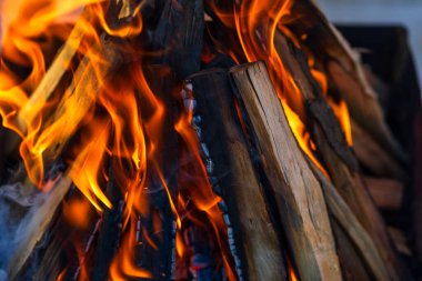 Kömür oluşturmak için odun parçaları yakmak. Barbekü hazırlığı, pişirmeden önce ateş..