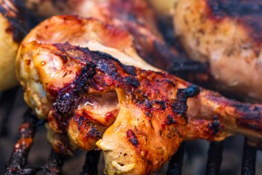 Biftek ızgara tavuk ve mangalda rulo köfte. Kamp manzarası, lezzetli barbekü, yemek konsepti, ızgaradaki yemek ve ızgaradaki yemeğin ayrıntıları.