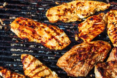 Kömür mangalında ızgara tavuk ve domuz eti. Kamp manzarası, lezzetli barbekü, yemek konsepti, ızgaradaki yemek ve ızgaradaki yemeğin ayrıntıları.