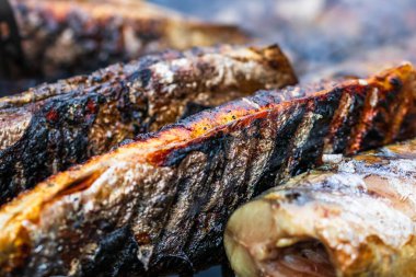 Izgara balık ve mangal kömürü. Izgaradaki balığı kapat.