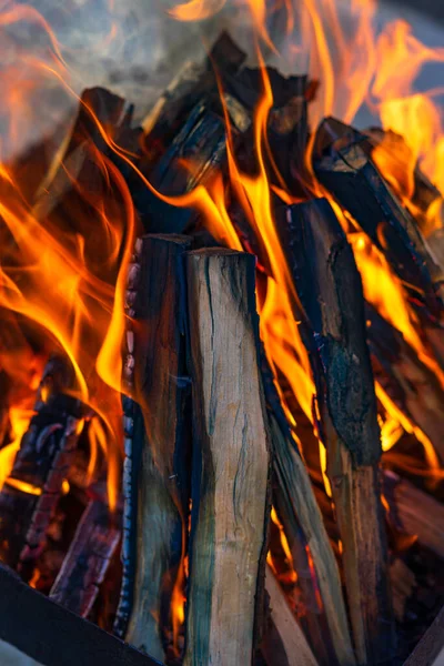 Kömür oluşturmak için odun parçaları yakmak. Barbekü hazırlığı, pişirmeden önce ateş..