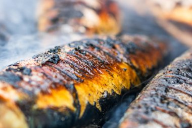 Kömür ızgarasında ızgara balık. Taze balık barbeküsü.