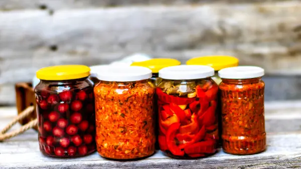 Jars with variety of canned vegetables and fruits, jars with zacusca. Preserved food concept in a rustic composition.