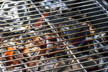 Işıl ışıl yanan ızgara ocağı. Kırmızı alevler, kömür kömürleri ve közlerle birlikte.