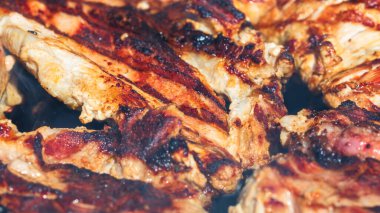 Kömür mangalında ızgara tavuk ve domuz eti. Kamp manzarası, lezzetli barbekü, yemek konsepti, ızgaradaki yemek ve ızgaradaki yemeğin ayrıntıları.