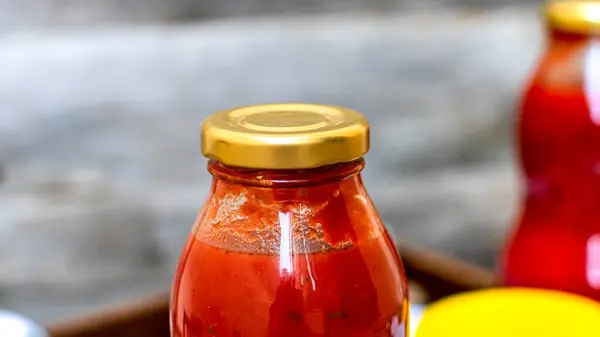 Bottle of tomato sauce, preserved canned food concept isolated.