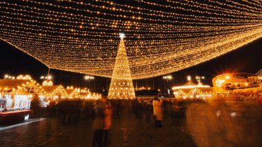 Bükreş Noel Pazarı 'nda Noel ağacının önündeki insanlar