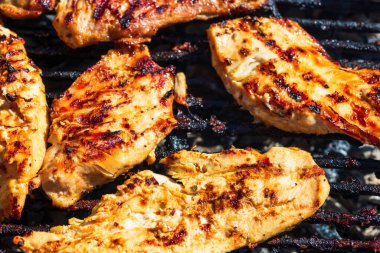 Kömür mangalında ızgara tavuk ve domuz eti. Kamp manzarası, lezzetli barbekü, yemek konsepti, ızgaradaki yemek ve ızgaradaki yemeğin ayrıntıları.