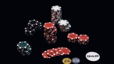Yüksek bahisli kumarhane oyunları için bir yığın poker fişi.