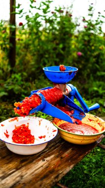 Domates sosu için domates öğütüyorum. Ev yapımı domates sosu.