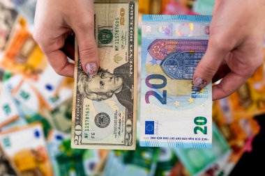 Dünya para birimi banknotlarının karışımı: USD, EURO, CHF, LEI