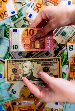 Dünya para birimi banknotlarının karışımı: USD, EURO, CHF, LEI