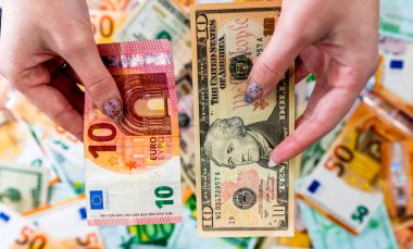 Dünya para birimi banknotlarının karışımı: USD, EURO, CHF, LEI