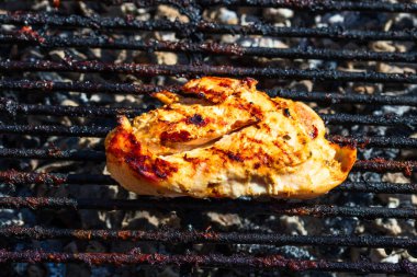 Kömür mangalında ızgara biftek. Kamp manzarası, lezzetli barbekü, yemek konsepti, ızgaradaki yemek ve ızgaradaki yemeğin ayrıntıları.