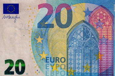 EURO para banknotları, EUR 'un detaylı fotoğrafı. Avrupa Birliği para birimi