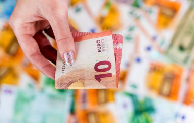 EURO para banknotları, EUR 'un detaylı fotoğrafı. Avrupa Birliği para birimi
