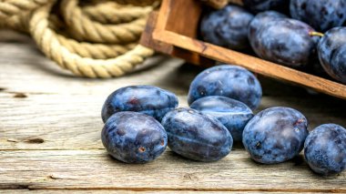 Kırsal bir kompozisyonda ahşap bir sandıkta olgun mavi erikler..