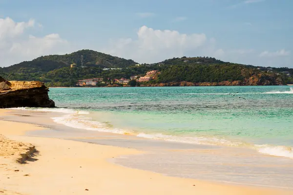 stock image Caribbean beach with white sand, deep blue sky and turquoise water