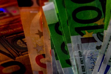 EURO para banknotları, EUR 'un detaylı fotoğrafı. Avrupa Birliği para birimi