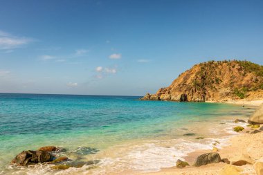 Saint Barthelemy 'deki plajda bir sürü merminin yakın plan fotoğrafı (St. Barts, St. Barth, St. Barth)