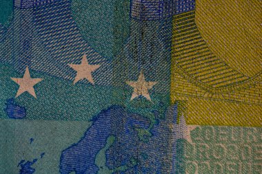 EURO para banknotları, EUR 'un detaylı fotoğrafı. Avrupa Birliği para birimi