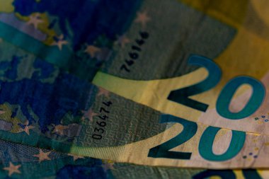 EURO para banknotları, EUR 'un detaylı fotoğrafı. Avrupa Birliği para birimi