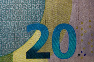 EURO para banknotları, EUR 'un detaylı fotoğrafı. Avrupa Birliği para birimi