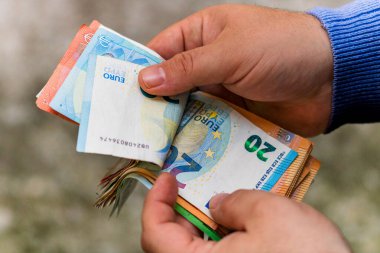 EURO para banknotları, EUR 'un detaylı fotoğrafı. Avrupa Birliği para birimi