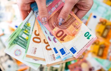 EURO para banknotları, EUR 'un detaylı fotoğrafı. Avrupa Birliği para birimi