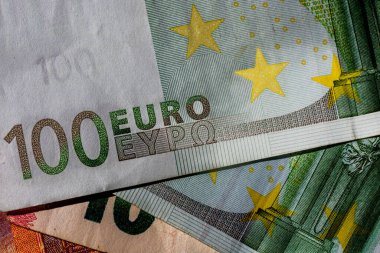 EURO para banknotları, EUR 'un detaylı fotoğrafı. Avrupa Birliği para birimi