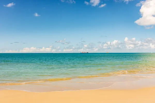 stock image Caribbean beach with white sand, deep blue sky and turquoise water