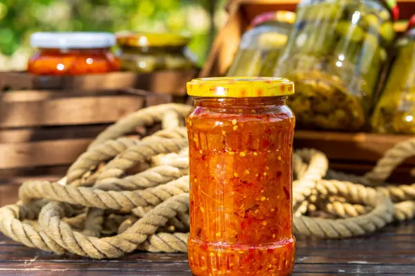 stock image Canned eggplant appetizer. Pickled eggplant appetizer