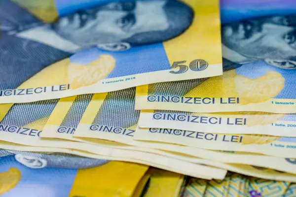 stock image LEI money banknotes, detail photo of RON. Romanian currency