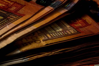 EURO para banknotları, EUR 'un detaylı fotoğrafı. Avrupa Birliği para birimi