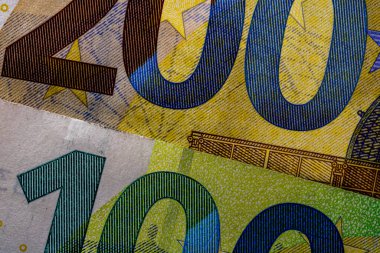 EURO para banknotları, EUR 'un detaylı fotoğrafı. Avrupa Birliği para birimi