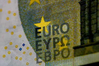 EURO para banknotları, EUR 'un detaylı fotoğrafı. Avrupa Birliği para birimi