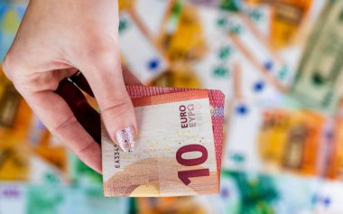 EURO para banknotları, EUR 'un detaylı fotoğrafı. Avrupa Birliği para birimi