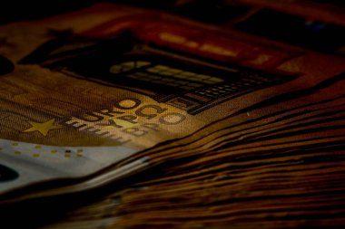 EURO para banknotları, EUR 'un detaylı fotoğrafı. Avrupa Birliği para birimi