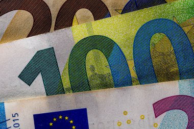 EURO para banknotları, EUR 'un detaylı fotoğrafı. Avrupa Birliği para birimi