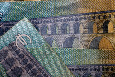 EURO para banknotları, EUR 'un detaylı fotoğrafı. Avrupa Birliği para birimi