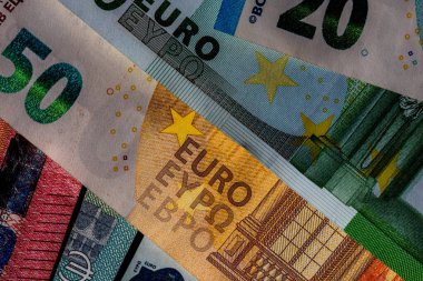 EURO para banknotları, EUR 'un detaylı fotoğrafı. Avrupa Birliği para birimi