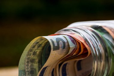 EURO para banknotları, EUR 'un detaylı fotoğrafı. Avrupa Birliği para birimi