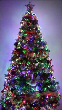 Noel ışıkları ve çelenklerle süslenmiş Noel ağacı, Noel arkaplan videosu