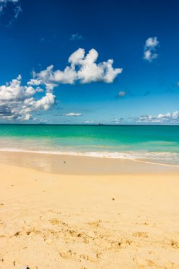 Beyaz kumlu Karayip plajı, derin mavi gökyüzü ve turkuaz su